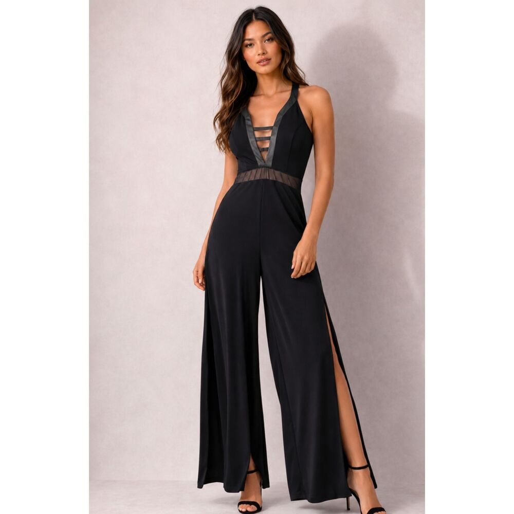 Ark & Co Black Halter Cutout Wide Leg Jumpsuit Faux Leather Trim NWT Small Sexy